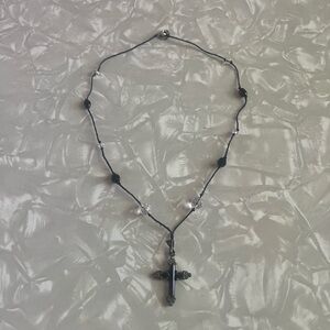 Vintage (1980’s) Goth Black Glass Crucifix w/Black & Clear Glass Beads